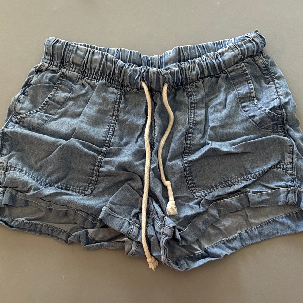 aerie Blue Denim-Look Drawstring Jean Shorts